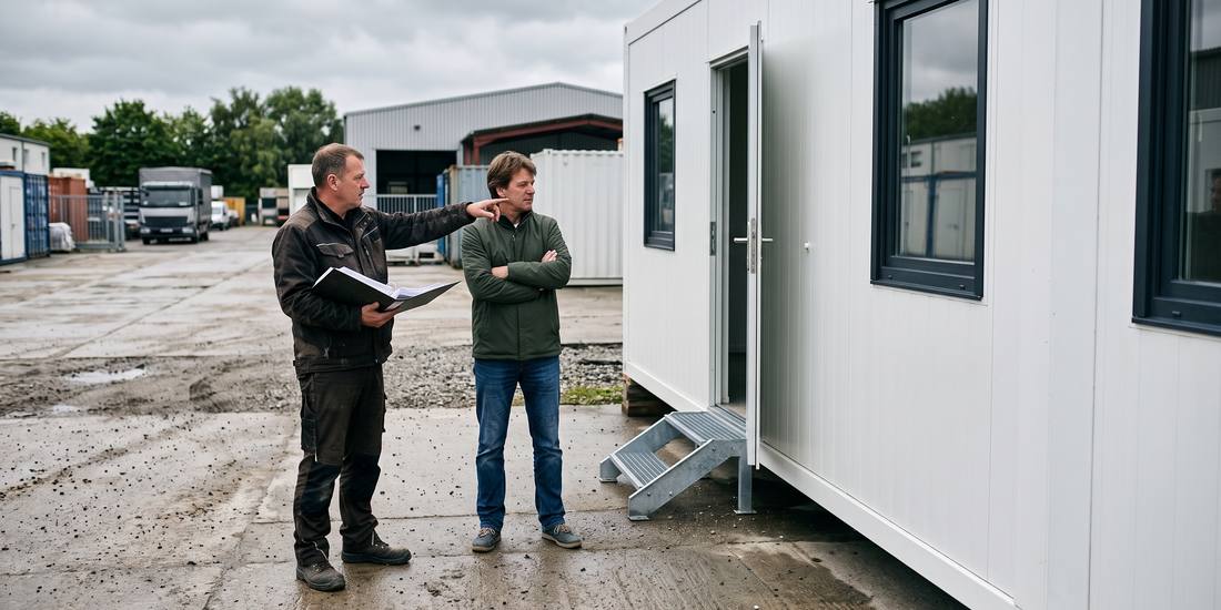 Mitarbeiter und Kunde besprechen ein Modul vor dem geöffneten Container