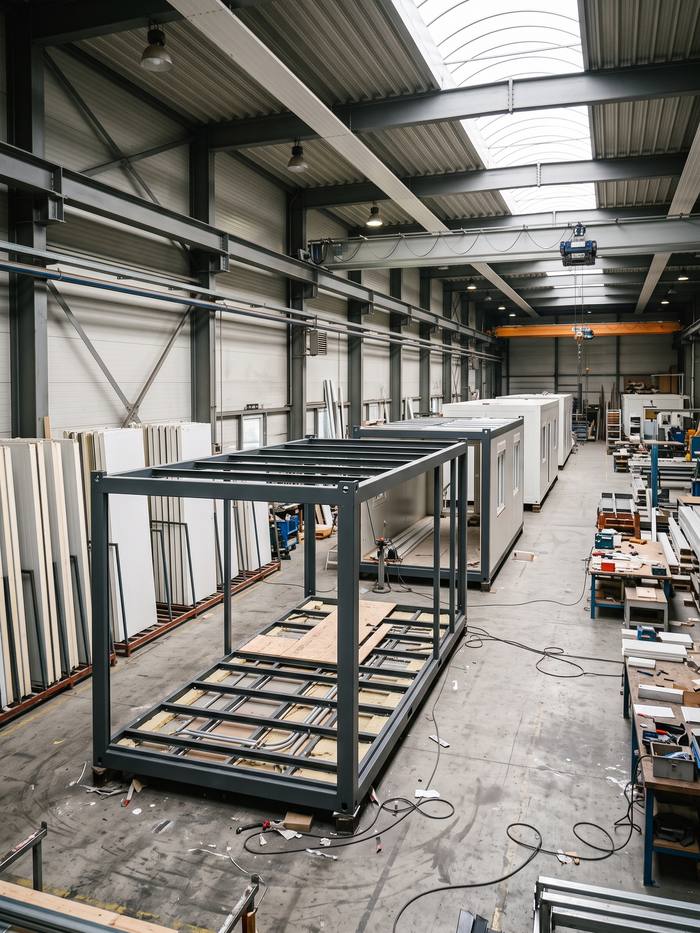 Montagehalle mit drei Containermodulen in unterschiedlichen Ausbaustufen