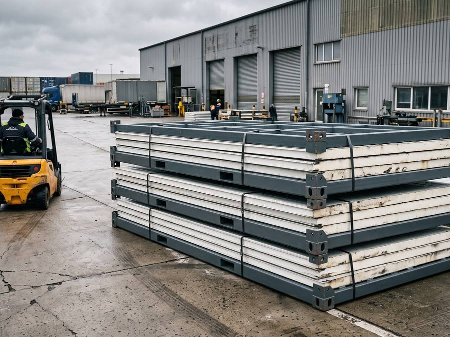 Gestapelte Flatpack-Bausätze mit Wandpaneelen auf Stahlrahmen im Logistikhof