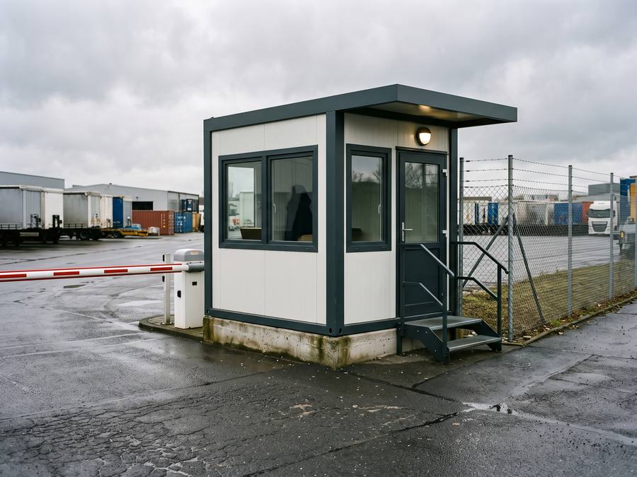 Modulares Pförtnerhaus mit Rundumverglasung an der Einfahrt eines Logistikhofs