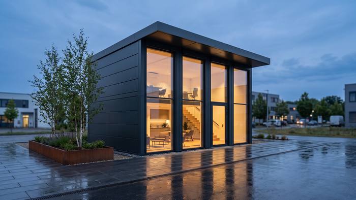 Designercontainer mit beleuchteter Glasfront am Abend