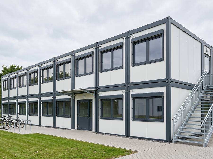 Zweigeschossige Modulanlage aus acht verbundenen Containern mit Außentreppe