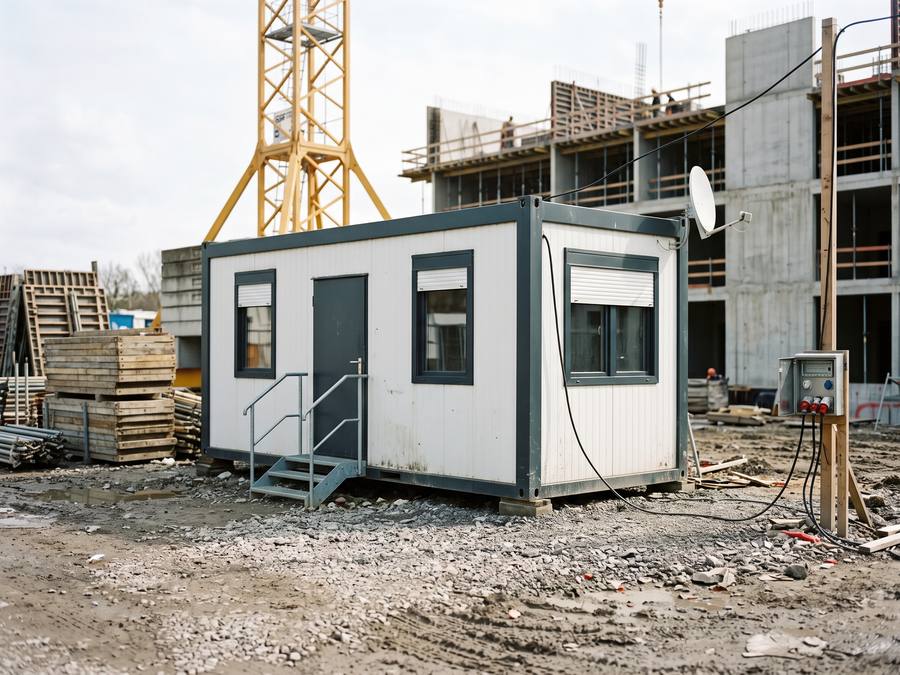 Weißer Bürocontainer mit anthrazitfarbenem Rahmen als Baubüro auf einer Baustelle