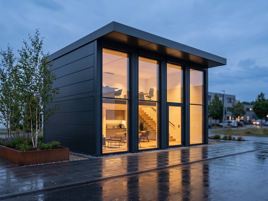 Anthrazitfarbener Designercontainer mit bodentiefer Glasfront zur blauen Stunde