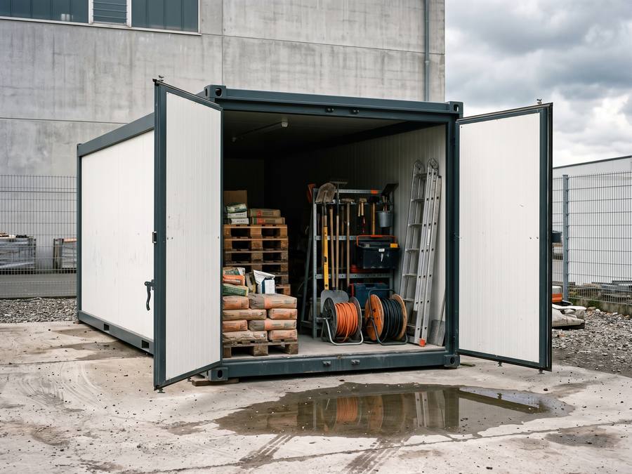 Weißer Lagercontainer mit geöffneter Doppelflügeltür und eingelagertem Material